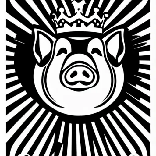 Image similar to good pig king logo Illustrated by Shepard Fairey, H.R. Geiger, black and white, high contrast, high detailed sharp outlines, hyper realistic, vector art