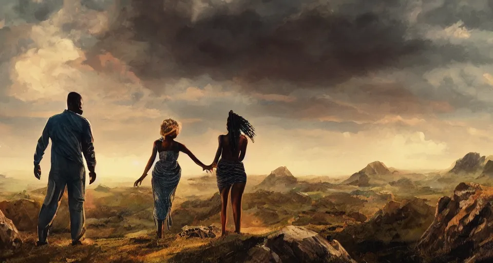 Image similar to a painting of a man and a woman on a hill, a screenshot by Zack Snyder, behance contest winner, afrofuturism, concert poster, behance hd, movie poster,