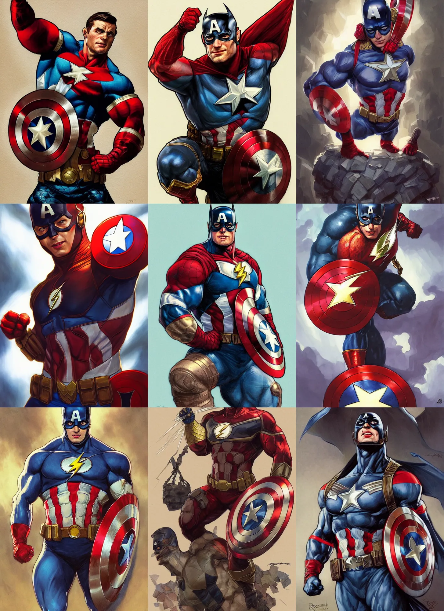 Prompt: a portrait of a muscled anthropomorphic snail, dressed as captain america, batman, the flash, captain marvel, wonder woman, a superhero. by artgerm, greg rutkowski, alphonse mucha