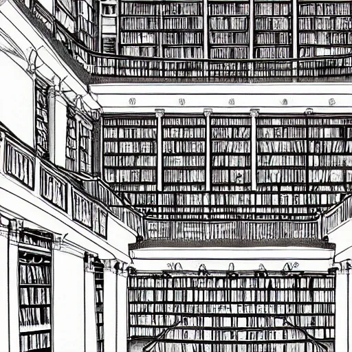 Prompt: Sketch of a huge library in a lucid dream, astonishing detail