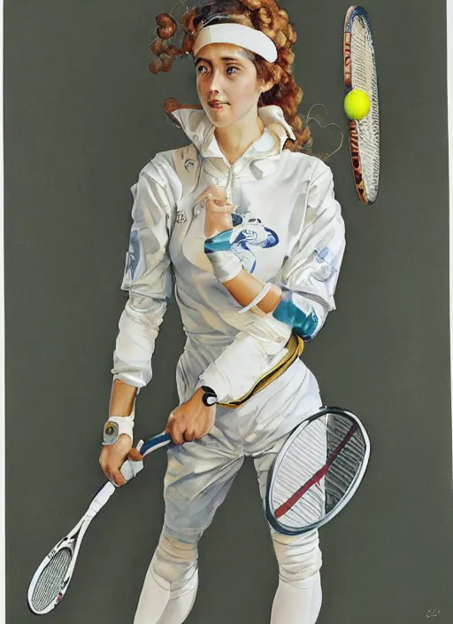 Prompt: a copic maker art nouveau portrait of a tennis player girl finely detailed features wearing an eva pilot suit designed by balenciaga by john berkey, norman rockwell akihiko yoshida