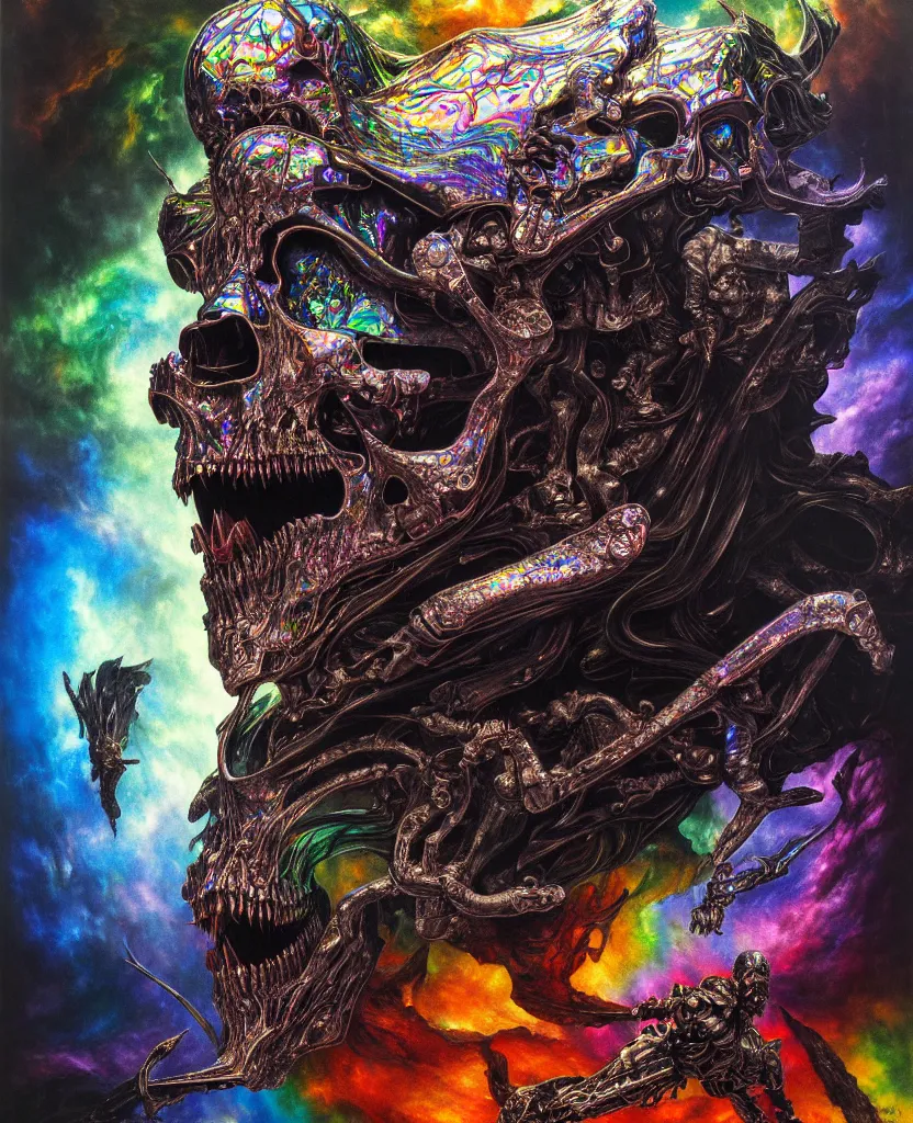 Image similar to realistic detailed image of ultra wrathful rainbow diamond iridescent mega chromed god of death, depth perception, depth of field, action horror by ayami kojima, neo - gothic, gothic, part by adrian ghenie and gerhard richter. art by wojtek siudmak, masterpiece