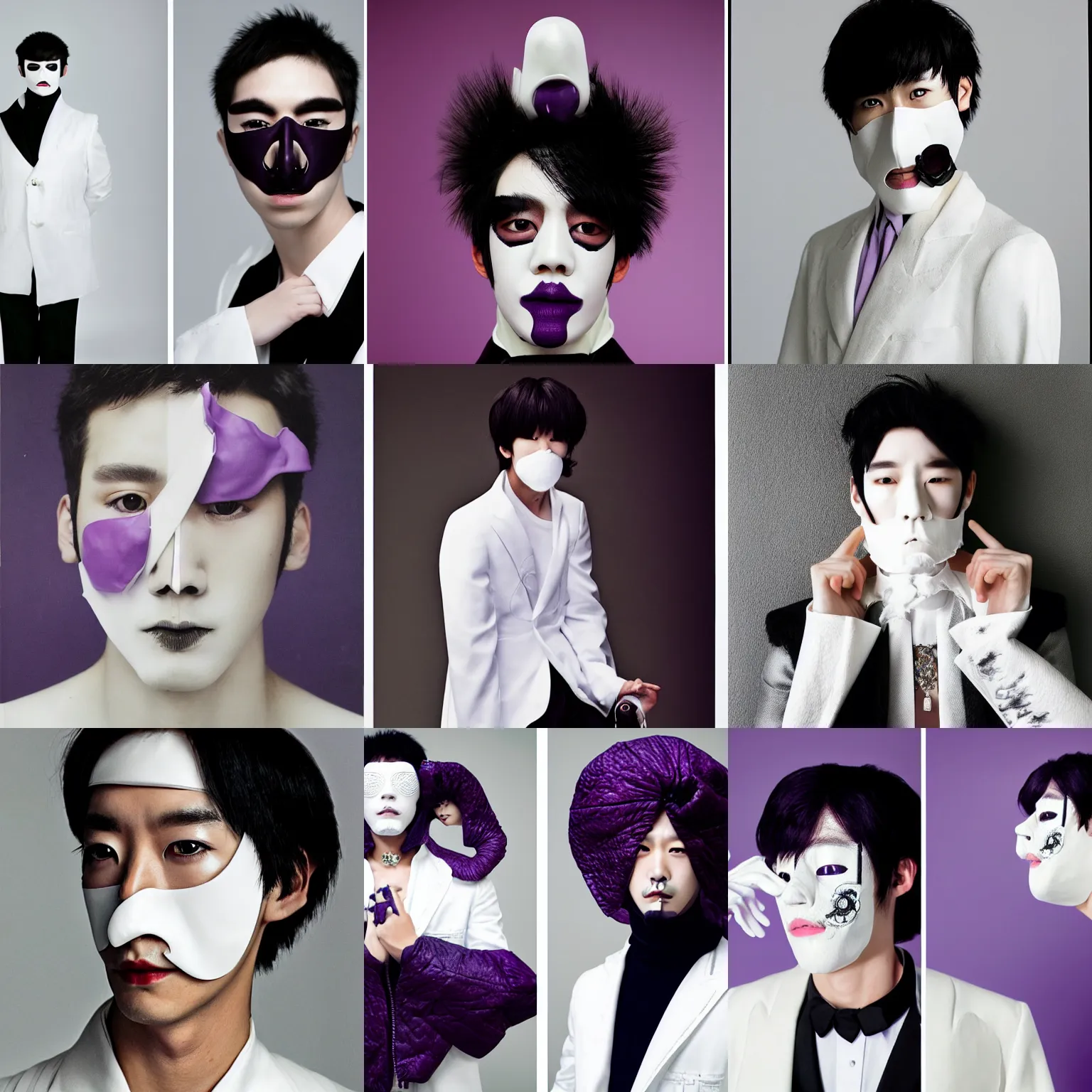 Prompt: male ulzzang with white leather garment, black porcelain mask, purple jewelry, full shot, fashion photography, by irving penn and storm thorgerson, ren heng