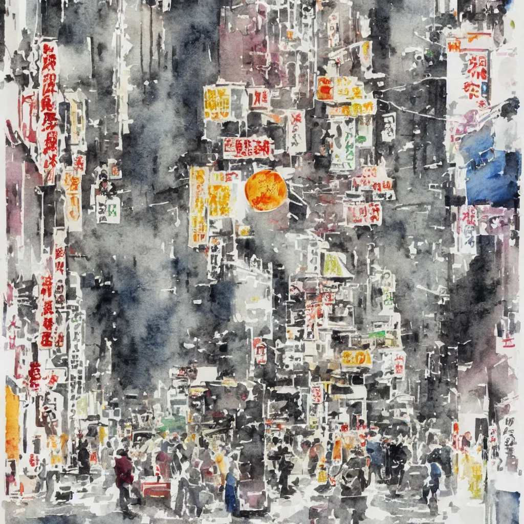 Prompt: street of hong kong, watercolor