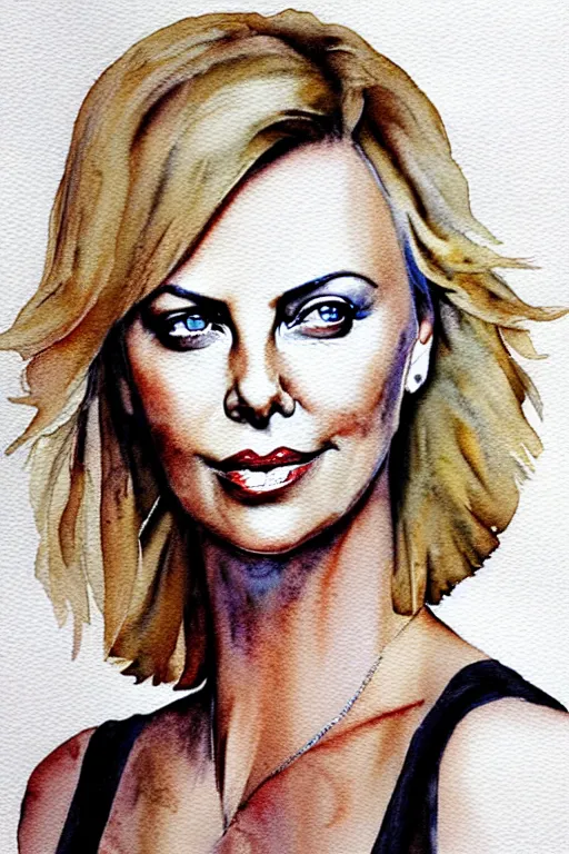 Image similar to charlize theron, watercolor portrait by ana santos