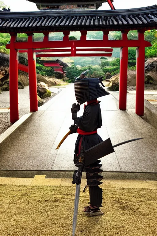 Image similar to a godlike and indomitable helmeted samurai wielding their Odachi before a large Torii gate, the very very very bright rising sun in the background. Photo realistic. Award winning