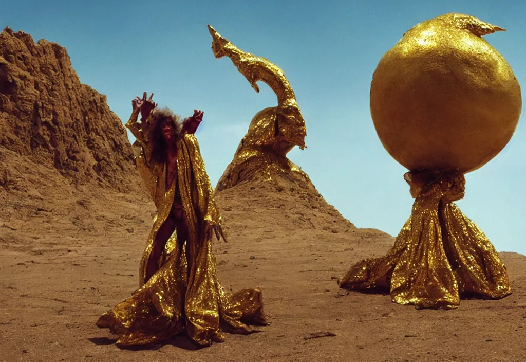 Image similar to mick jagger dressed in golden costume with jewels in a dry rocky desert landscape, with alien sand city designed by giger and giant alien spaceship in the sky attacks the earth by christopher doyle and alejandro jodorowsky, anamorphic lens, kodakchrome, cinematic composition, masterpiece, 8 k