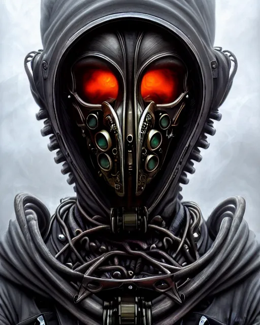 Image similar to front shot of a cyberpunk hooded dead biomechanical demon in gasmask mastermind character, intricate, elegant, highly detailed, centered, (((artstation, concept art, smooth, sharp focus, artgerm, Tomasz Alen Kopera, Peter Mohrbacher, donato giancola, Joseph Christian Leyendecker, WLOP, Boris Vallejo))), mugshot!!!!!, ugly!!!!!!, octane render, nvidia raytracing demo, grainy, muted