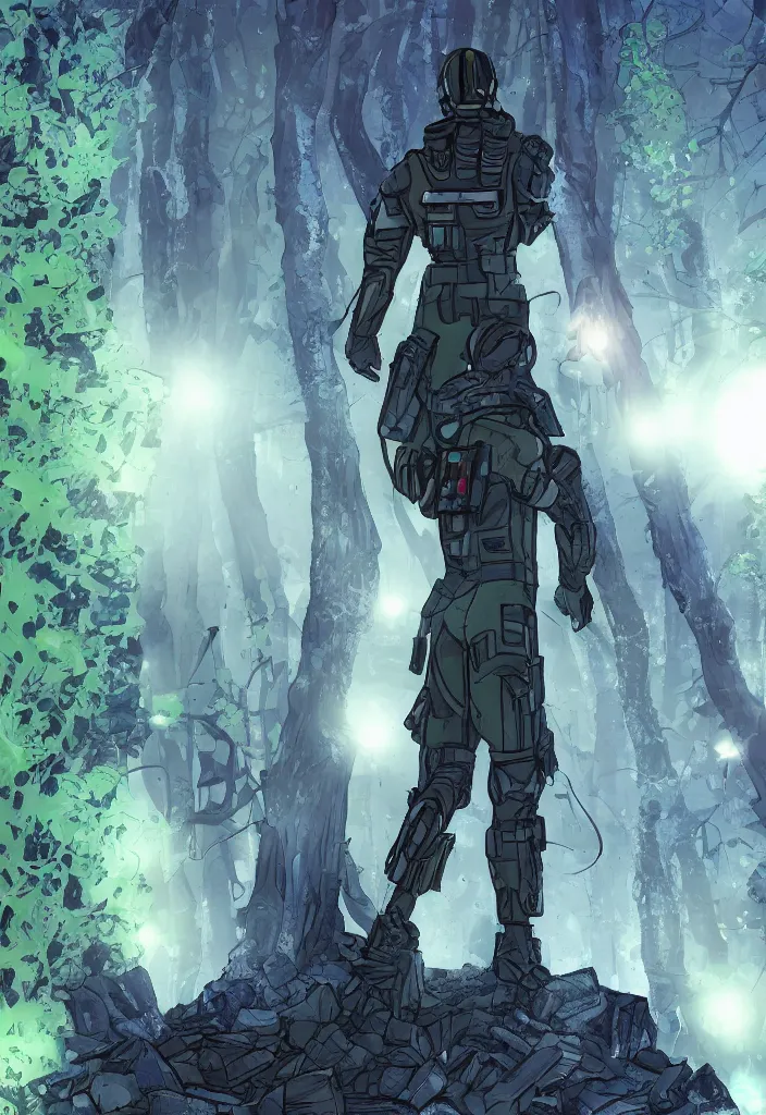 Prompt: A modern comic book cover of an android soldier wearing a trench coat and high tech glowing boots, with back to the camera, in a forest made of crystal, looking up at a crystal temple with a tower glowing in the fog