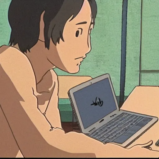 Prompt: tan-skinned guy with shoulder length black hair and long sleeves using a laptop, looking down, art by hayao miyazaki, studio ghibli film, twitter pfp