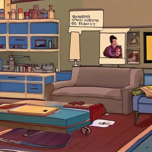 Image similar to Screenshot from Disney Pixar's Seinfeld (2022), inside Jerry's apartment