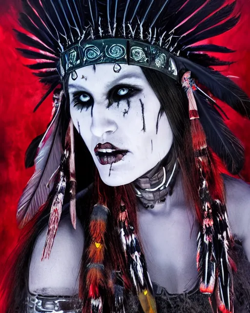 Image similar to lady native sisters ghost - spirit of the grim - warpaint wears the scarlet skull armor and native blood headdress feathers, midnight fog - mist!, dark oil painting colors, realism, cinematic lighting, various refining methods, micro macro autofocus, ultra definition, award winning photo, photograph by ghostwave - gammell - giger - shadowlord