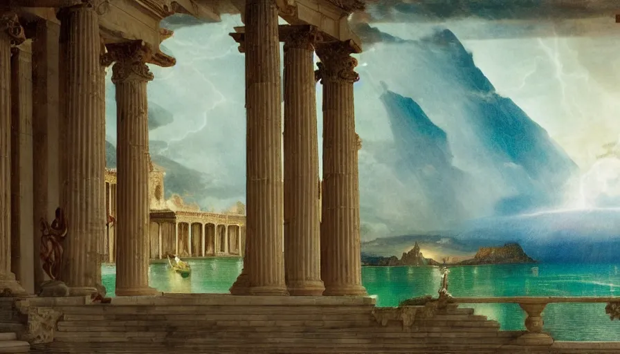 Image similar to From Inside the giant Palace, mediterranean balustrade and columns line, refracted sparkles, thunderstorm, greek pool, beach and Tropical vegetation on the background major arcana sky and occult symbols, by paul delaroche, hyperrealistic 4k uhd, award-winning, very detailed paradise