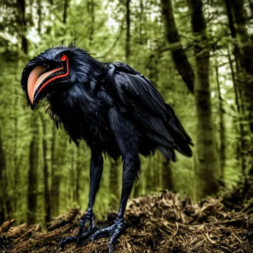 Prompt: werecreature that is a mix between human and crow, photograph captured in a forest