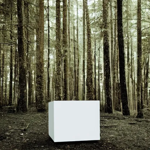 Prompt: photograph of a white concrete cube sitting in the middle of a forest clearing