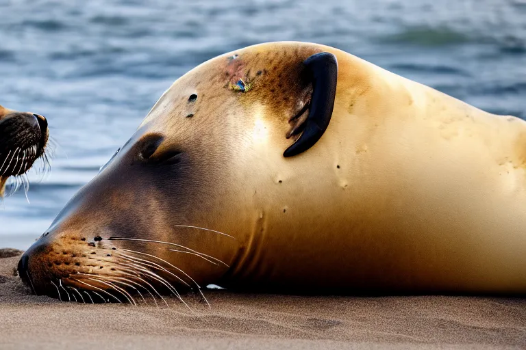 Image similar to professional photo of a sea lion body and canine wolf muzzle head half wolf half sea lion strange chimera discovered on the beach