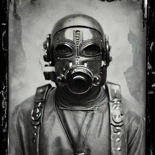 Prompt: tintype photographs of techno shamans, telepaths, dieselpunk cyborgs, masked heroes, irradiated humans, ancient ones, mystic monsters, and monster hunters