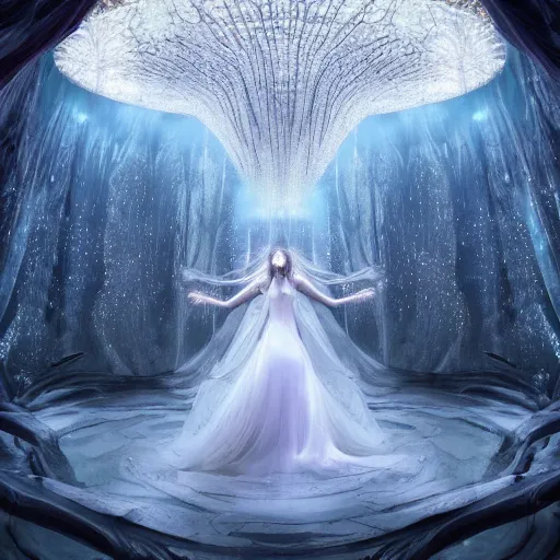 Image similar to under an white intricate like jewels epic forest suspended in the air upside down, a white pool with intricate epic circles of water within which float phantasmagoric female robots, dressed in intricate veils and jewels, epic environment, matte painting, diffused lighting, highly detailed, cinematic, epic atmosphere, digital art, trending on artstation, wide angle