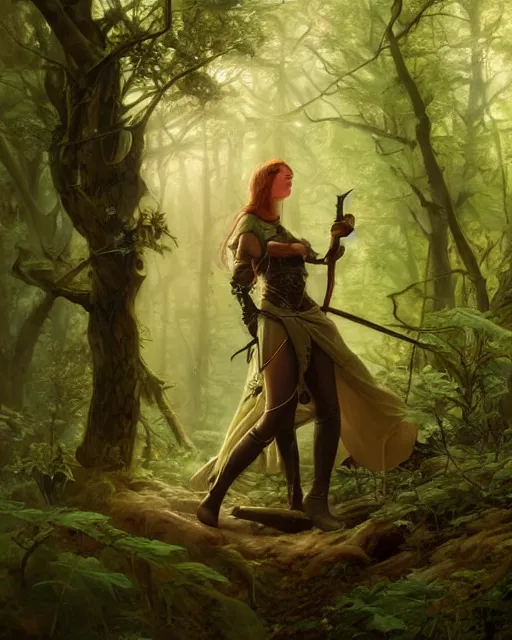 Image similar to a female elven hunter standing in a forest, intricate, highly detailed, digital painting, volumetric light, artstation, concept art, smooth, sharp focus, illustration, art by Gil Elvgren and Greg Rutkowski and Alphonse Mucha, 8K
