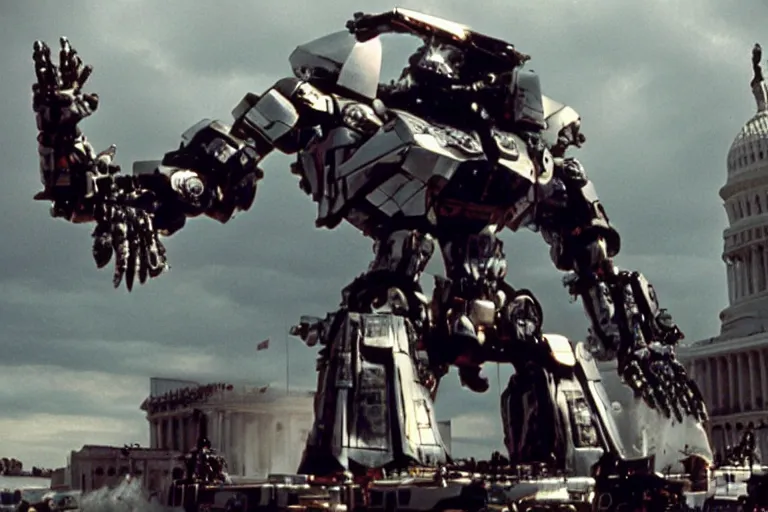 Prompt: Mecha Trump attack Capitol, film still