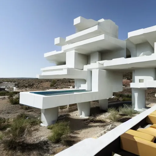 Prompt: habitat 6 7, white lego architect hotel in the dessert, many plants and infinite pool
