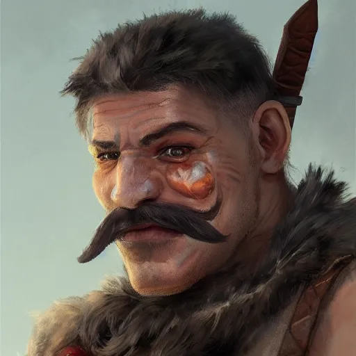 Image similar to portrait old barbarian warrior with trucker mustache and short hair, 8 k, trending on art station, by tooth wu and greg rutkowski