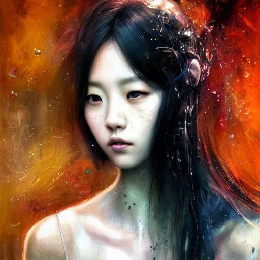 Image similar to jisoo of blackpink, snake, hyperrealistic portrait, bladerunner street, by karol bak and agnes cecile, album cover, fantasy art, photo realistic, dynamic lighting, artstation, poster, volumetric lighting, very detailed face, 8 k, award winning