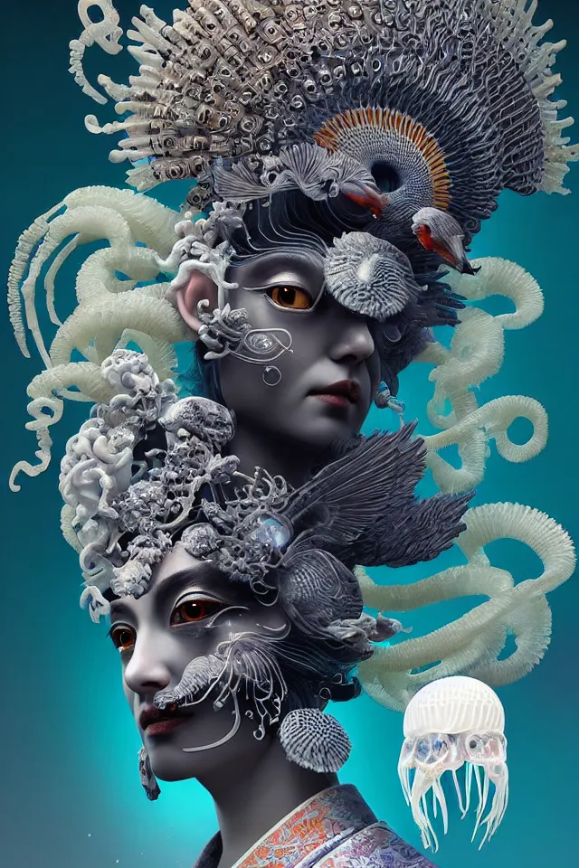 Image similar to 3 d goddess close up portrait with ram skull. beautiful intricately detailed, japanese crow kitsune mask and clasical japanese kimono, betta fish, jellyfish, phoenix, bio luminescent, plasma, ice, water, wind, creature, artwork by tooth wu and wlop and beeple and greg rutkowski