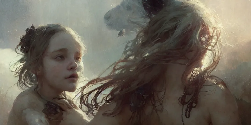 Image similar to young girl, afraid of a polar bear in the background, art of elysium by jeremy mann and alphonse mucha, fantasy art, photo realistic, dynamic lighting, artstation, poster, volumetric lighting, very detailed face, 8 k, award winning