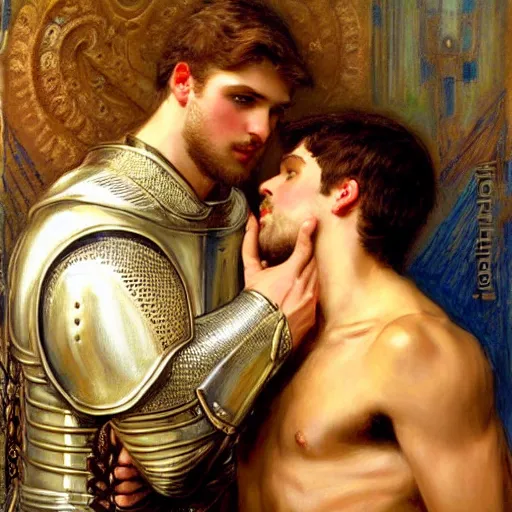 Image similar to attractive fully clothed arthur pendragon confesses his love for his attractive fully clothed male knight. highly detailed painting by gaston bussiere and j. c. leyendecker 8 k