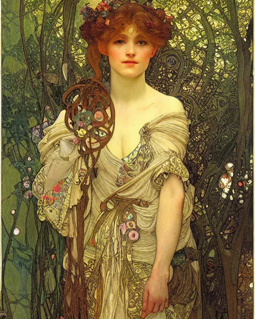 Image similar to an elf princess by Alphonse Mucha, Gustav Klimt and edgar maxence