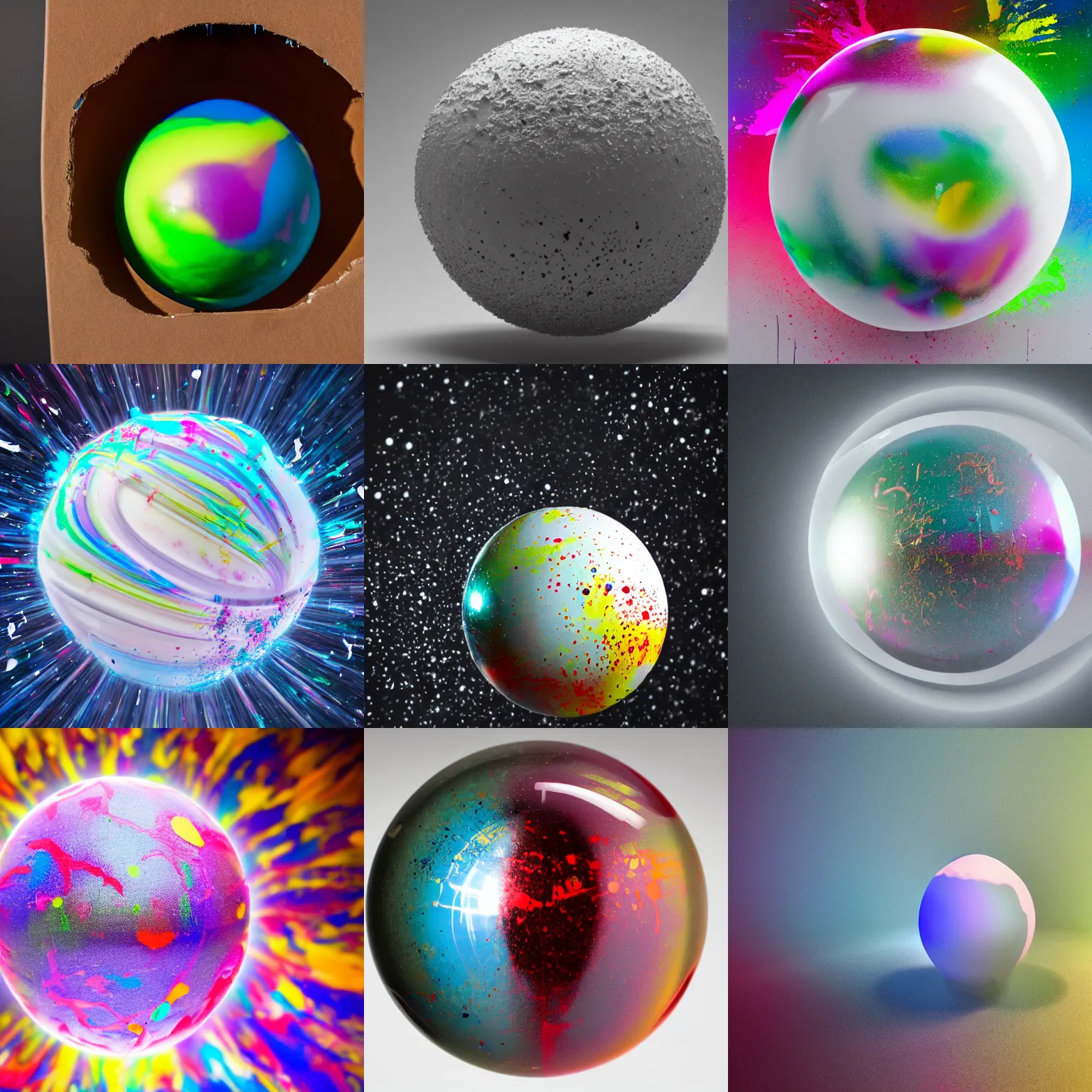 Prompt: a spinning chromatic orb giving off liquid paint splattering the inside of a white box, dynamic lighting, 8 k hdr,