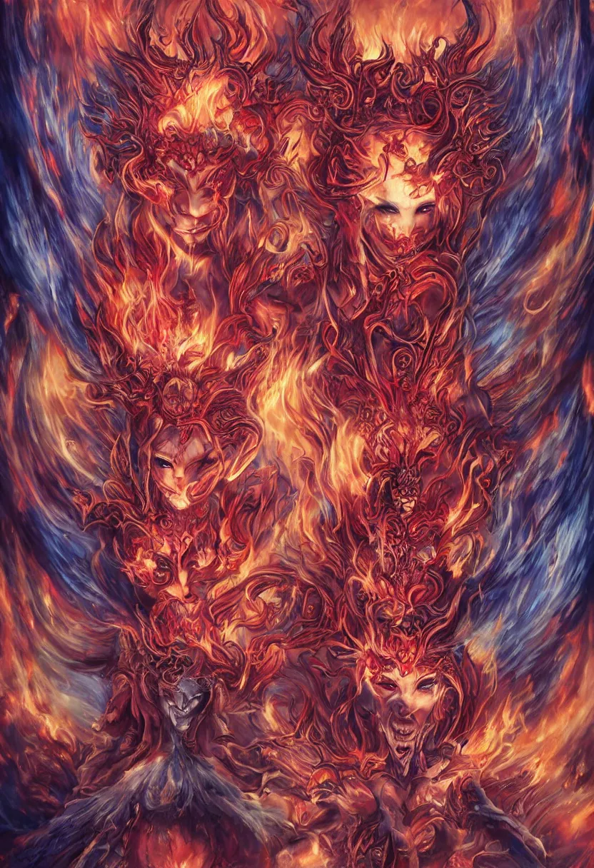 Image similar to stunning female demons surrounded in fire, korean, buddhist, naraka otherworldly rising from the blue fire, crystal amber eyes, wings, very detailed face, smile, monster teeth covered in red, dark and mysterious, full body, rococo, cinematic, epic, very detailed, full body, sun god, death god, hell