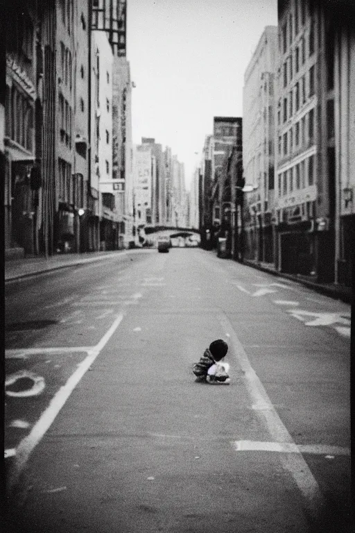 Prompt: photo polaroid of sad and lonely child in the middle of an empty street in a big city, photorealistic, 35mm film, black and white, polaroid,