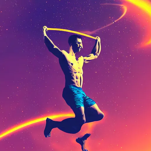 Prompt: athletic man doing a pullup using gymnastic rings, silhouette, long shot, in a cosmic nebula background, matte colors, dramatic, inspiring digital art trending on artstation