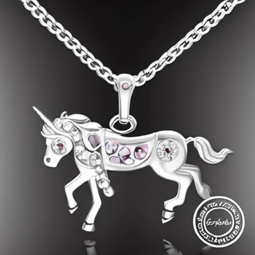 Image similar to a lovely silver cartoon unicorn necklace pendant, 3 d rendering, pandora style, tiffany style, swarovski style, van cleef & arpels style, cartier style, boucheron style, bulgari style, chaumet style, elegant, noble, stylish