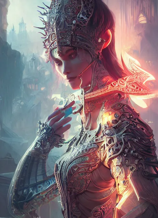 Prompt: legendary sword of technology, ornate gothic baroque spikes, glowing face, detailed realistic, ray tracing, colored gems, art by wlop and greg rutkowski and artgerm
