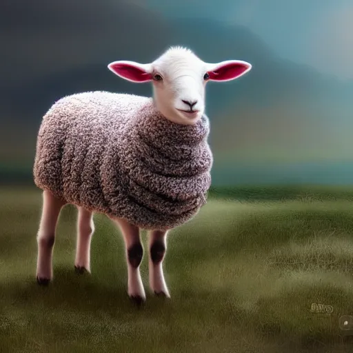 Prompt: lamb wearing a sweater, matte painting, full body shot 4k, blurry background, artwork, artstation,