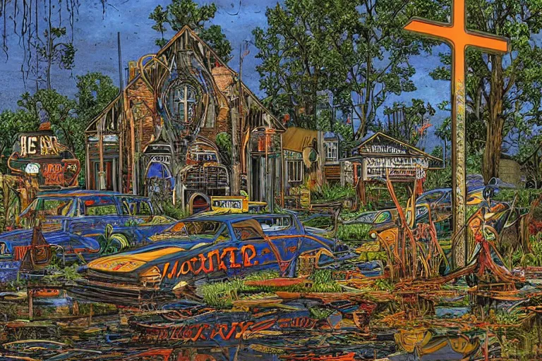 Image similar to scene fromlouisiana swamps, old protestant church with neon cross, junkyard by the road, boy scout troop, voodoo, artwork by jean giraud