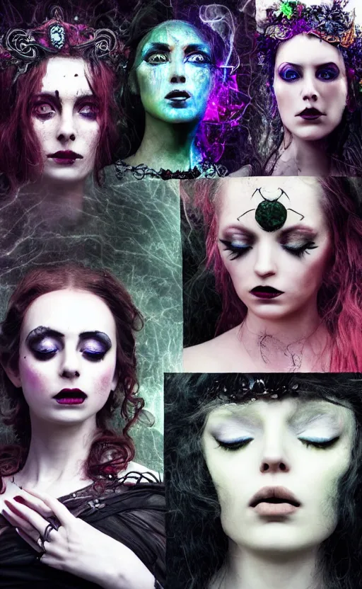 Image similar to three stunning otherworldly gothic goddesses of beauty wearing psychedelic wicca, dark and mysterious, atmospheric, ominous, eerie, cinematic, epic, 8 k, 4 k, ultra detail, ultra realistic, rendered by awesomeness