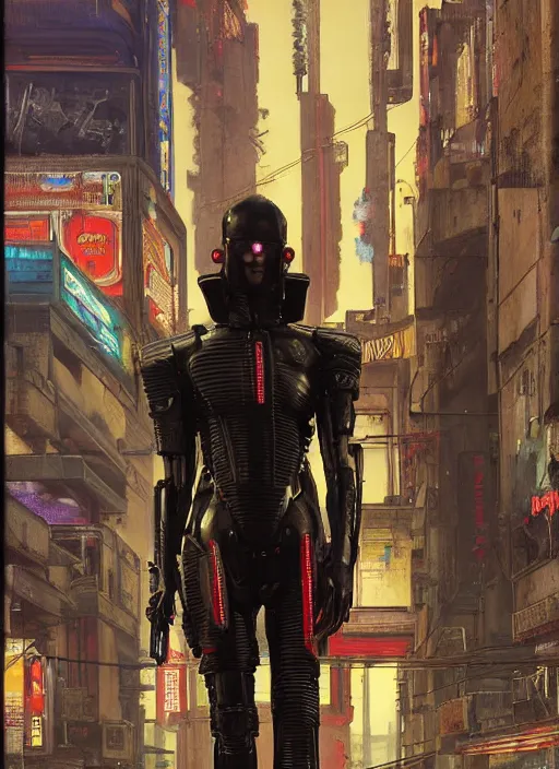 Prompt: menacing Cyberpunk policeman towering with robotic stilt legs. (Cyberpunk 2077, bladerunner 2049). Iranian orientalist portrait by john william waterhouse and Edwin Longsden Long and Theodore Ralli and Nasreddine Dinet, oil on canvas. Cinematic, vivid colors, hyper realism, realistic proportions, dramatic lighting, high detail 4k