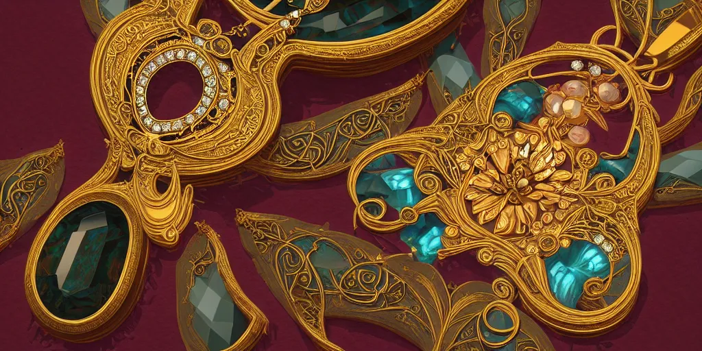 Prompt: highly detailed oil painting, centered in image, art nouveau, ornate, delicate, brilliant magical gemstones choker, around a neck, octane render, realistic, dramatic light,