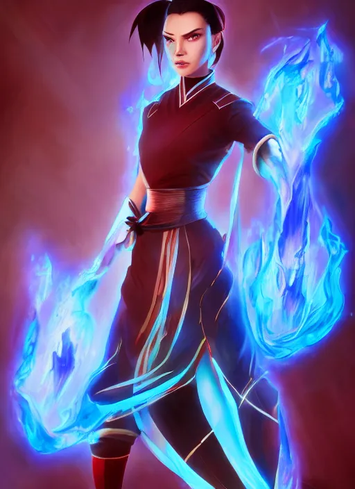 Prompt: azula from avatar the last airbender posing, blue flames, dark atmosphere, cinematic shot, intricate, ornate, photorealistic, ultra detailed, realistic, 1 0 0 mm, photography, octane, high definition, depth of field, realism, 8 k, artstation