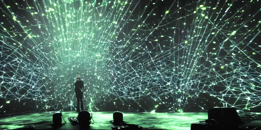 Image similar to Thom Yorke singer songwriter, Radiohead group of people on stage playing instruments, elaborate stage effects, dust, smoke, giant LED screens, colored projections, ultrafine detail, glowing thin wires, smoke, high contrast, projections, a screenshot by David Gilmour Blythe, holography, tesseract, volumetric lighting, anamorphic lens flare