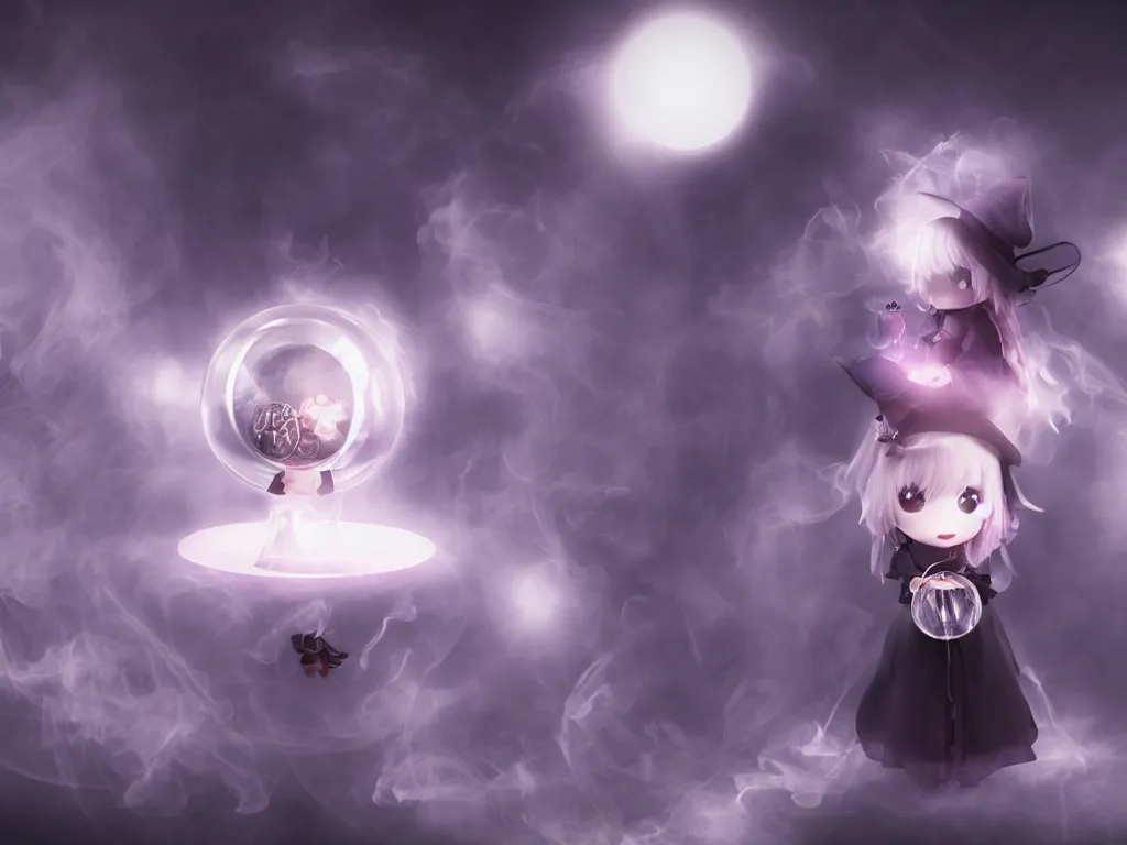 Prompt: cute fumo plush girl gazing into a crystal ball swirling with strange energy, black and white gothic horror, smoke and volumetric fog, witch girl, soothsayer, lens flare glow, chibi anime, vray