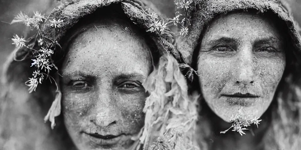 Prompt: portrait photography tyrolean female farmer, leaves and edelweiss growing from face, hay cloths, desaturated, fog, 1. 2 f, 3 5 mm, dark, eerie, 1 9 2 0 s ghost photography