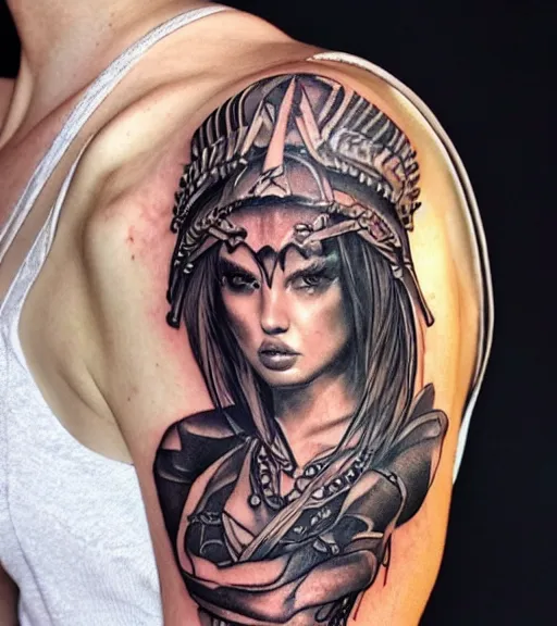 Prompt: tattoo design on white background of a beautiful girl warrior, hyper realistic, insanely detailed, inspired by eliot kohek