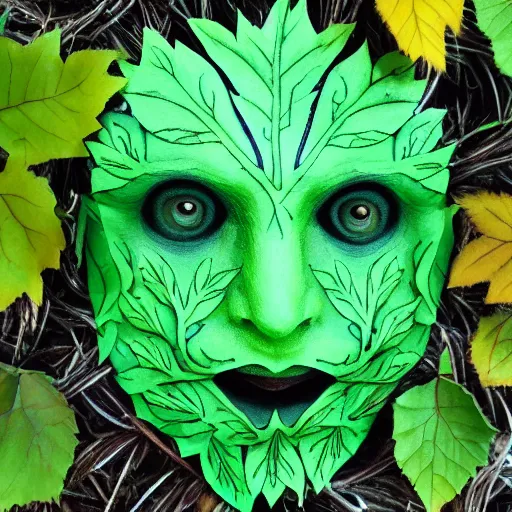 Prompt: green man face leaves and foliage for skin