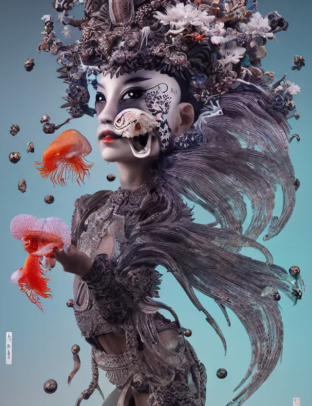 Image similar to 3 d goddess bottom - up with ram skull. beautiful intricately detailed japanese crow kitsune mask and clasical japanese kimono. betta fish, jellyfish phoenix, bio luminescent, plasma, ice, water, wind, creature, artwork by tooth wu and wlop and beeple and greg rutkowski