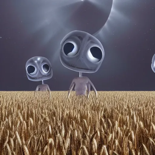 Prompt: 3 short grey aliens standing in a wheat field staring ominously at us while their interdimensional ship hovers silently in the background